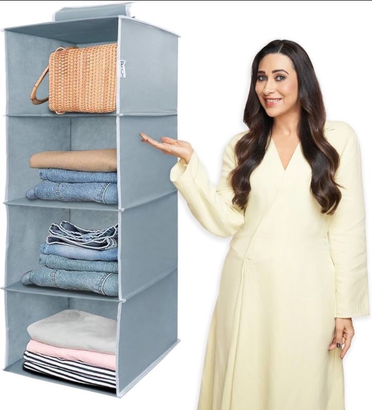 Grey hanging wardrobe organizer 4 shelves