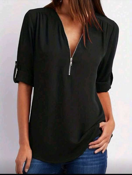 Skyrta með rennilás að framan,meðermum fyrir konur