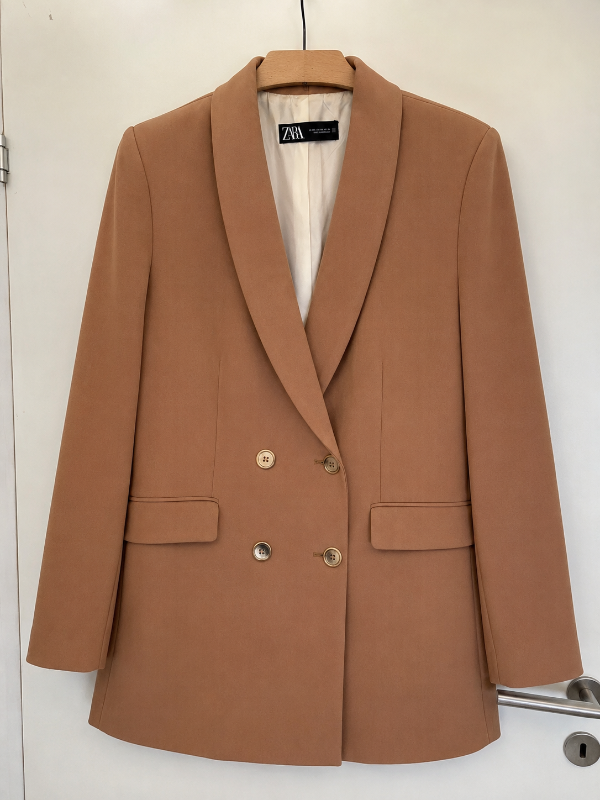 Zara Women’s Camel Double-Breasted Longline Blazer